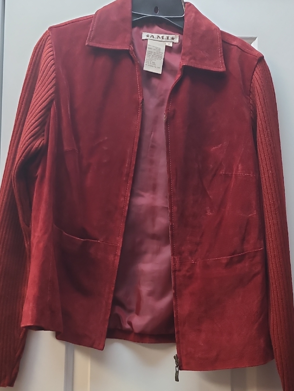 RED Leather Zip Front Jacket With Knit Arms And Front Pockets. Size S